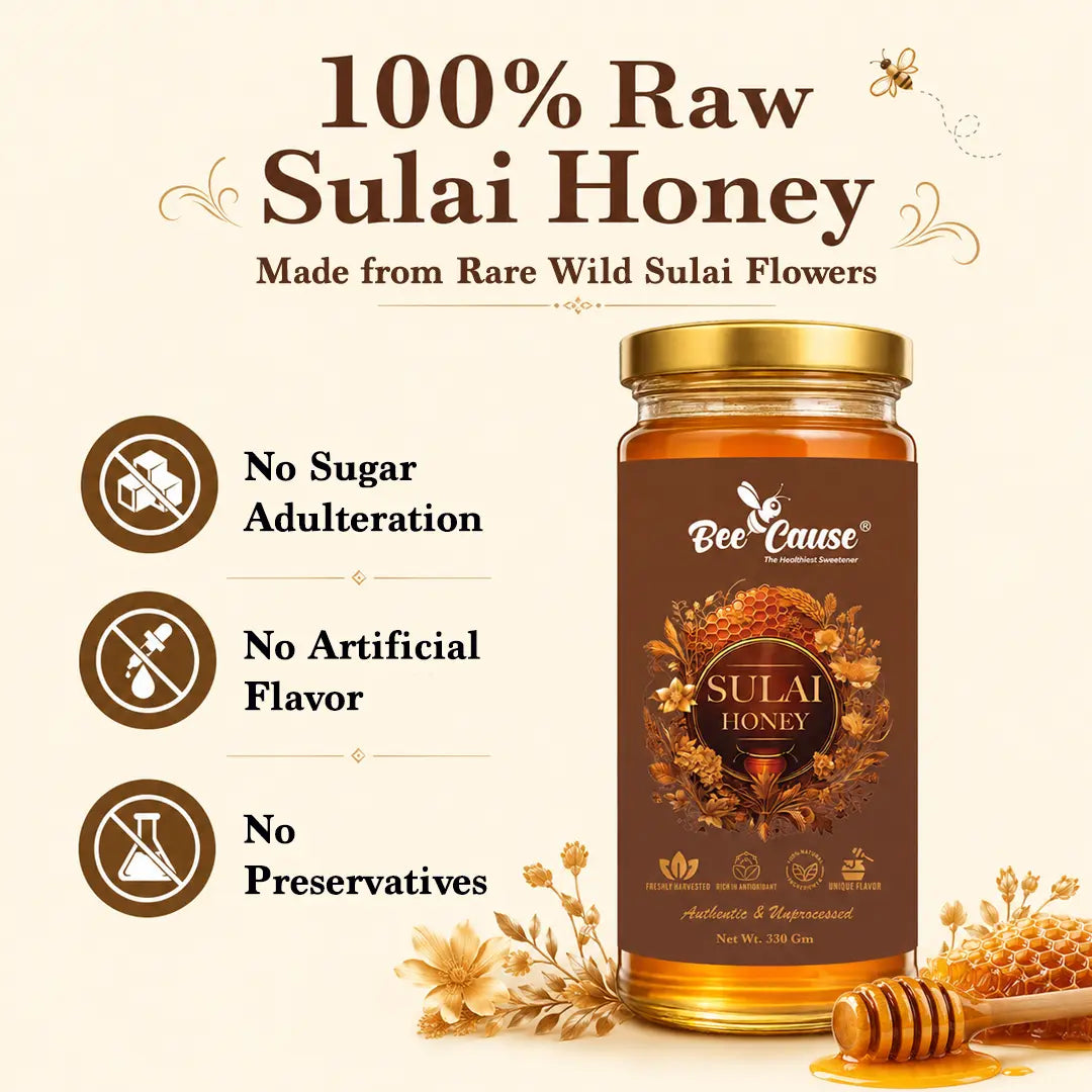 Bee Cause Sulai Honey jar with product features on a beige background