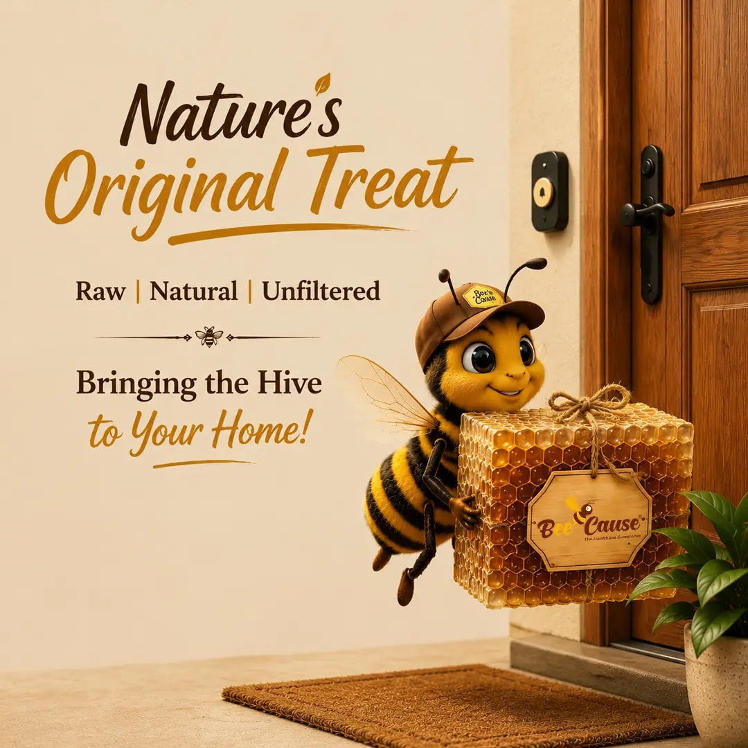 An adorable animated bee character wearing a brown cap, flying at a house doorstep and holding a large, golden block of fresh honeycomb tied with a twine bow and a BeeCause logo tag. The text reads "Nature's Original Treat, Raw, Natural, Unfiltered. Bringing the Hive to Your Home!