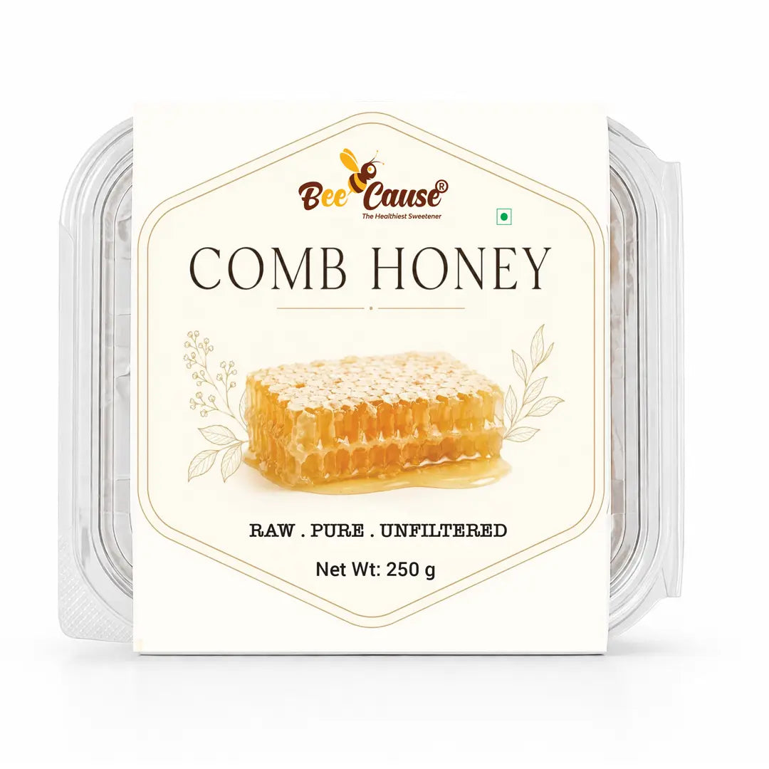 Front packaging view of BeeCause Comb Honey in a clear plastic container. The clean cream-colored label features the brand logo, a graphic illustration of a fresh piece of honeycomb dripping with honey, and text reading "Comb Honey, Raw, Pure, Unfiltered, Net Wt: 250 g