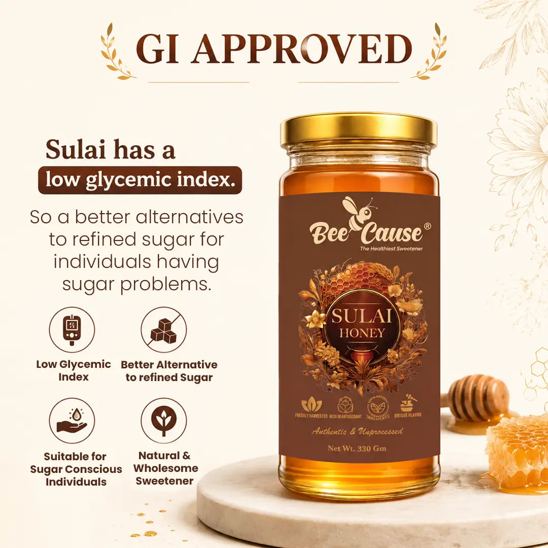 Bee Cause Sulai Honey jar with product details on a white, showing low gi detaisl in background