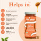 A jar of Bee Cause Skim Blend of Honey natural curry powder on a light peach background with marketing text, icons, a honey dipper, and ginger pieces. The jar has an orange label with a white measuring tape graphic and a light blue lid.