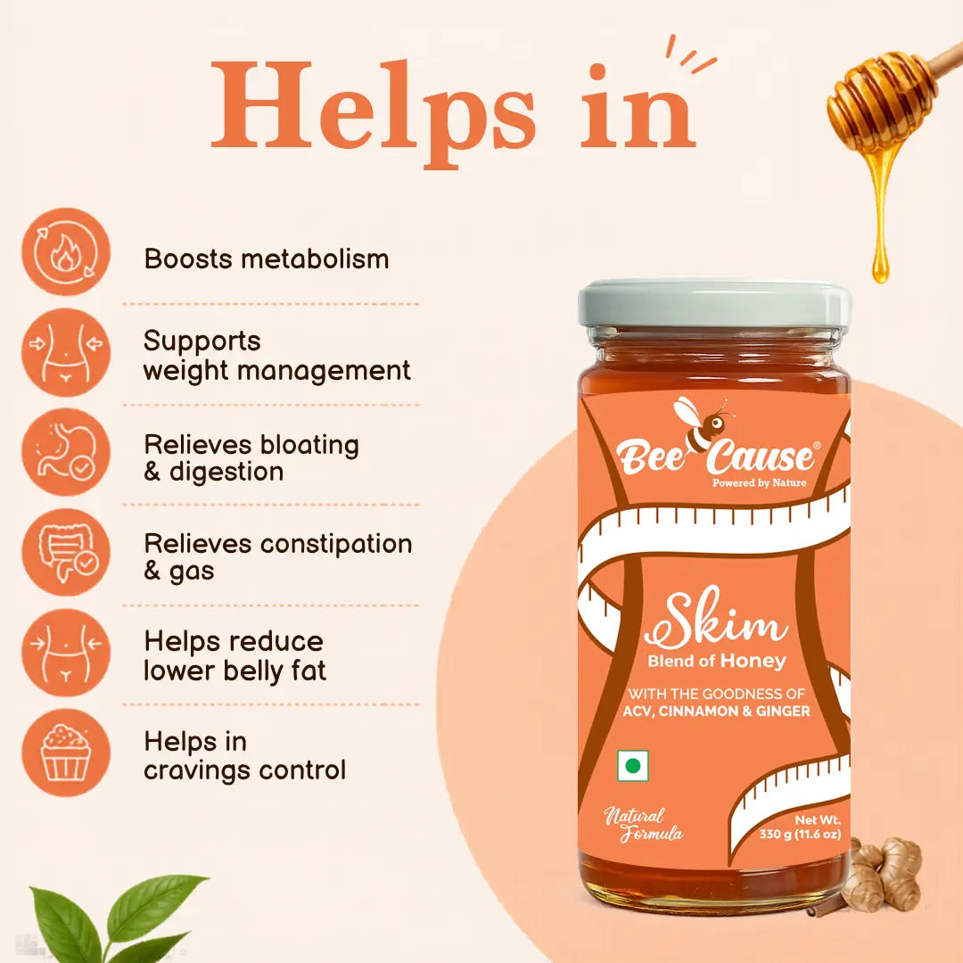 A jar of Bee Cause Skim Blend of Honey natural curry powder on a light peach background with marketing text, icons, a honey dipper, and ginger pieces. The jar has an orange label with a white measuring tape graphic and a light blue lid.