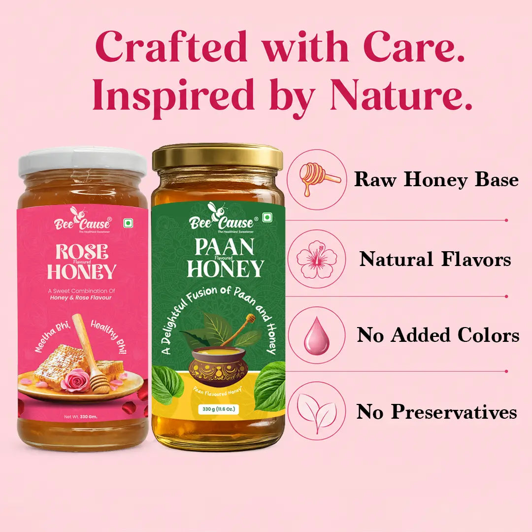 Two jars of Bee Cause honey on a pink background: a pink-labeled Rose Honey jar on the left and a green-labeled Paan Honey jar on the right, with marketing text and icons reading Raw Honey Base, Natural Flavors, No Added Colors, and No Preservatives.