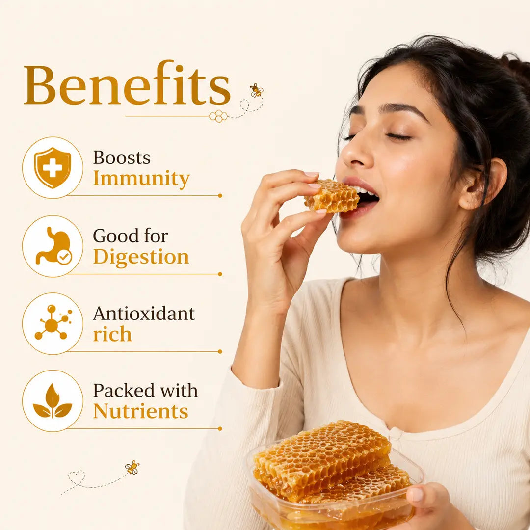 An infographic showing a woman taking a bite of a fresh piece of honeycomb from a container she is holding. The left side lists health benefits with descriptive icons: Boosts Immunity, Good for Digestion, Antioxidant rich, and Packed with Nutrient