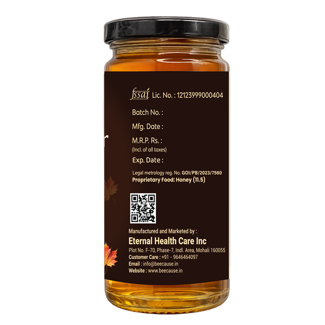 BeeCause Brew Nectar honey-based maple syrup alternative in a glass jar with FSSAI details and product labeling