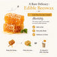 An informational graphic titled "A Rare Delicacy: Edible Beeswax" featuring a stack of dripping honeycombs. The text answers "Can You Eat the Comb? Absolutely. The honey inside is surrounded by natural edible beeswax. Safe to Eat, Naturally Made, Delicious to Chew." A step-by-step diagram below illustrates enjoying the honey, chewing the wax, and optionally discarding it.