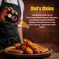 A chef wearing a black apron pours Bee Cause Extra Hot Honey Sauce over a wooden plate of crispy fried chicken tenders and waffles. Text reads "Chef's Choice" and explains that it is trusted by chefs for its bold sweet-heat balance, instantly elevating dishes with a rich, glossy, restaurant-style finish.