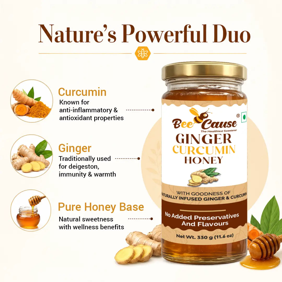Bee Cause Ginger Curcumin Honey jar with ingredients and benefits on a white background