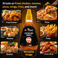 A central bottle of Bee Cause Extra Hot Honey Sauce surrounded by six panels showcasing different food pairings: Fried Chicken, Pizza, Momos, Fries, Snacks, and Chicken Wings. Text at the top reads "Drizzle on fried chicken, momos, pizza, wings, fries, and more!" with a "Versatile Usage" badge at the bottom.