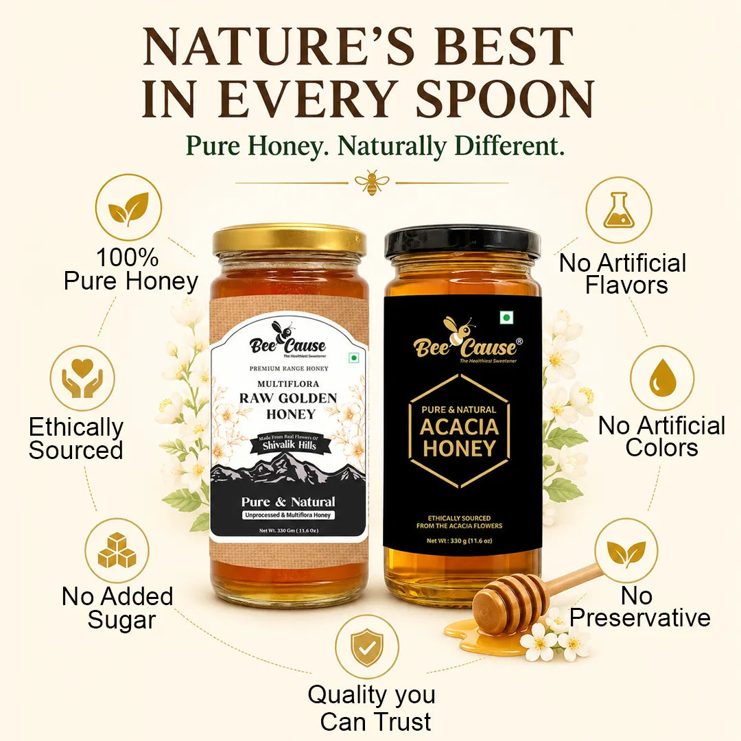 Two jars of Bee Cause honey displayed on a light cream background with marketing text and icons. The left jar is labeled 'Multiflora Raw Golden Honey' with a gold lid and white/black label, and the right jar is labeled 'Pure & Natural Acacia Honey' with a black lid and black label.