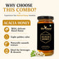 A jar of Bee Cause Raw & Natural Acacia Honey displayed on a light beige background with promotional text and icons highlighting its mild floral flavor, golden color, smooth texture, and suitability for beverages and desserts.