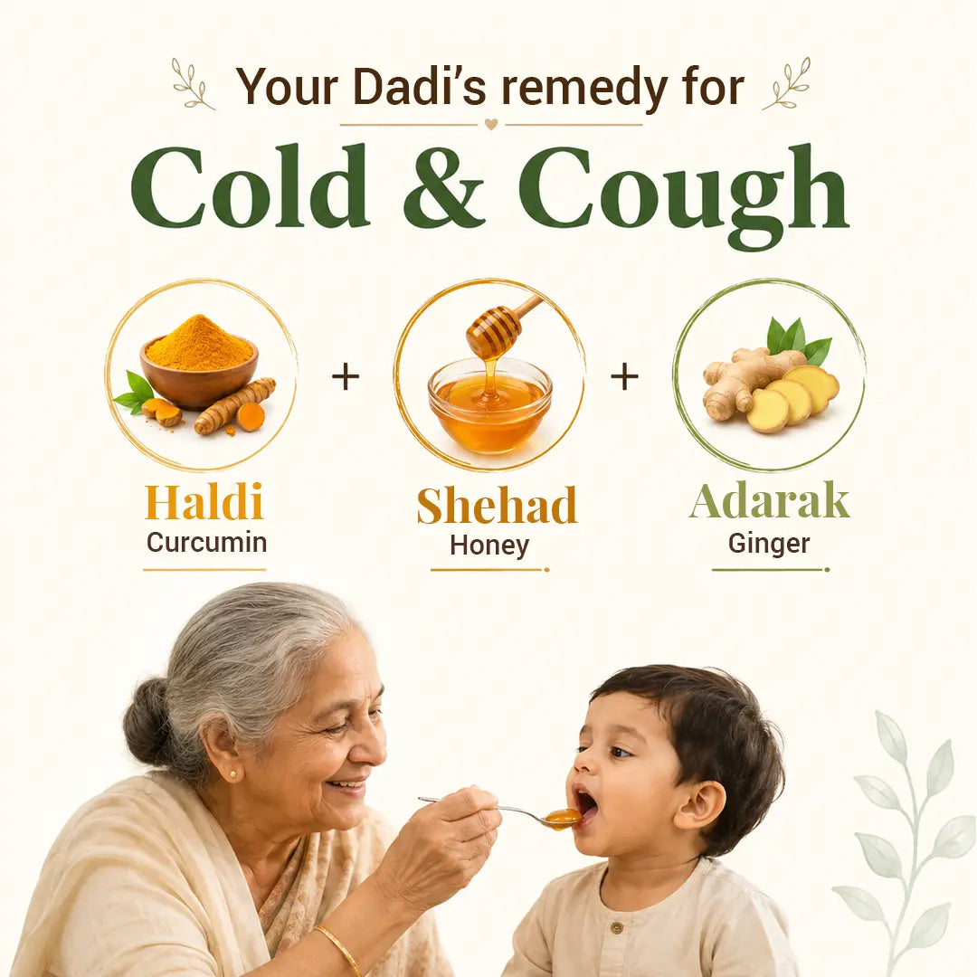 Grandmother feeding a child with a spoon, featuring ingredients for cold and cough remedy on a white background.