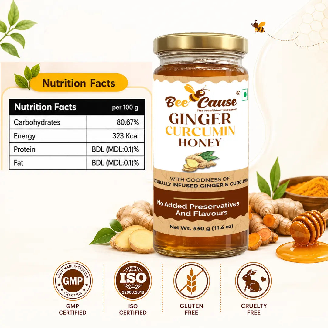 Bee Cause Ginger Curcumin Honey jar with nutritional information and certification logos on a white background.