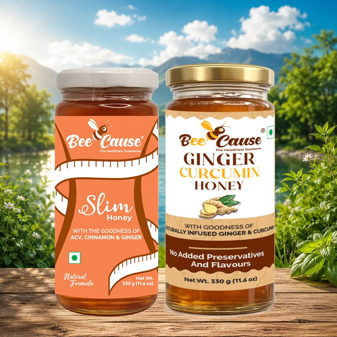 Two jars of honey from Bee Cause with a scenic background