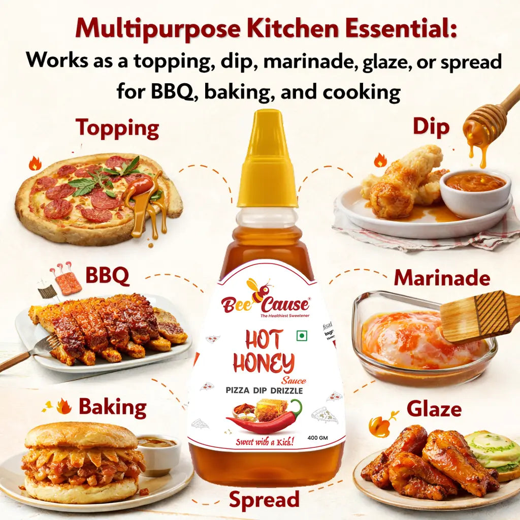 A central bottle of Bee Cause Hot Honey Sauce surrounded by six square panels showcasing different food pairings: Fried Chicken, Pizza, Momos, Fries, Snacks, and Chicken Wings. Text at the top reads "Drizzle on fried chicken, momos, pizza, wings, fries and more!" with a "Versatile Usage" badge at the bottom.