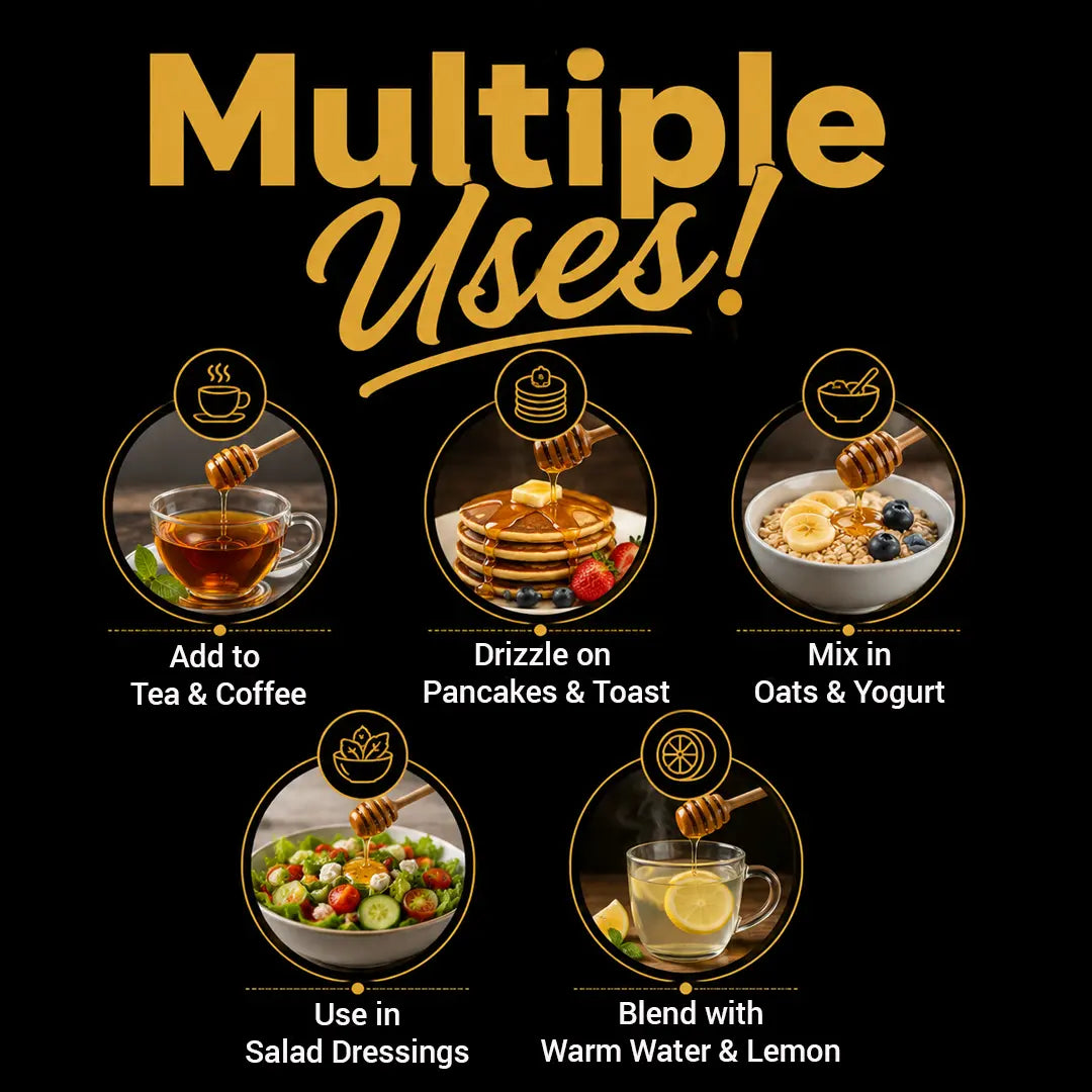 Honey uses infographic with various food items on a black background