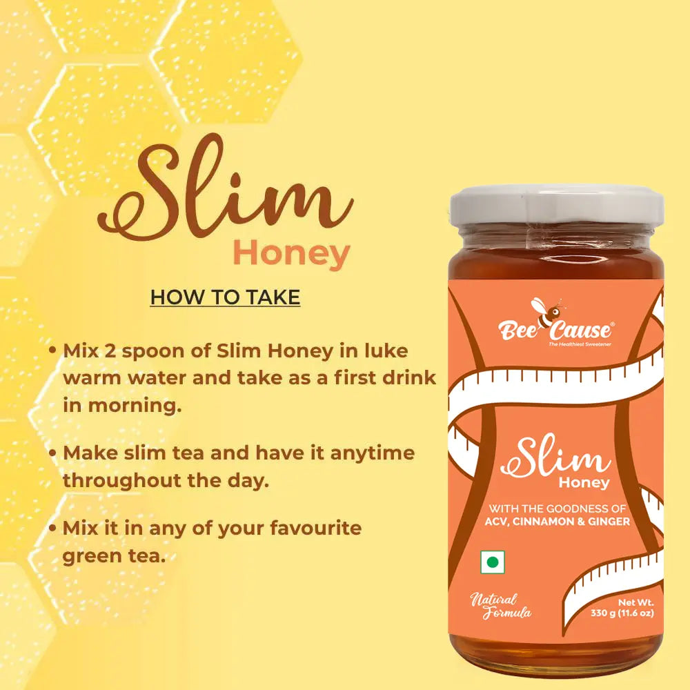 A graphic with a yellow honeycomb background showing a jar of Slim Honey alongside usage instructions. It recommends mixing two spoons in lukewarm water as a morning drink, making slim tea to have throughout the day, or mixing it into green tea.