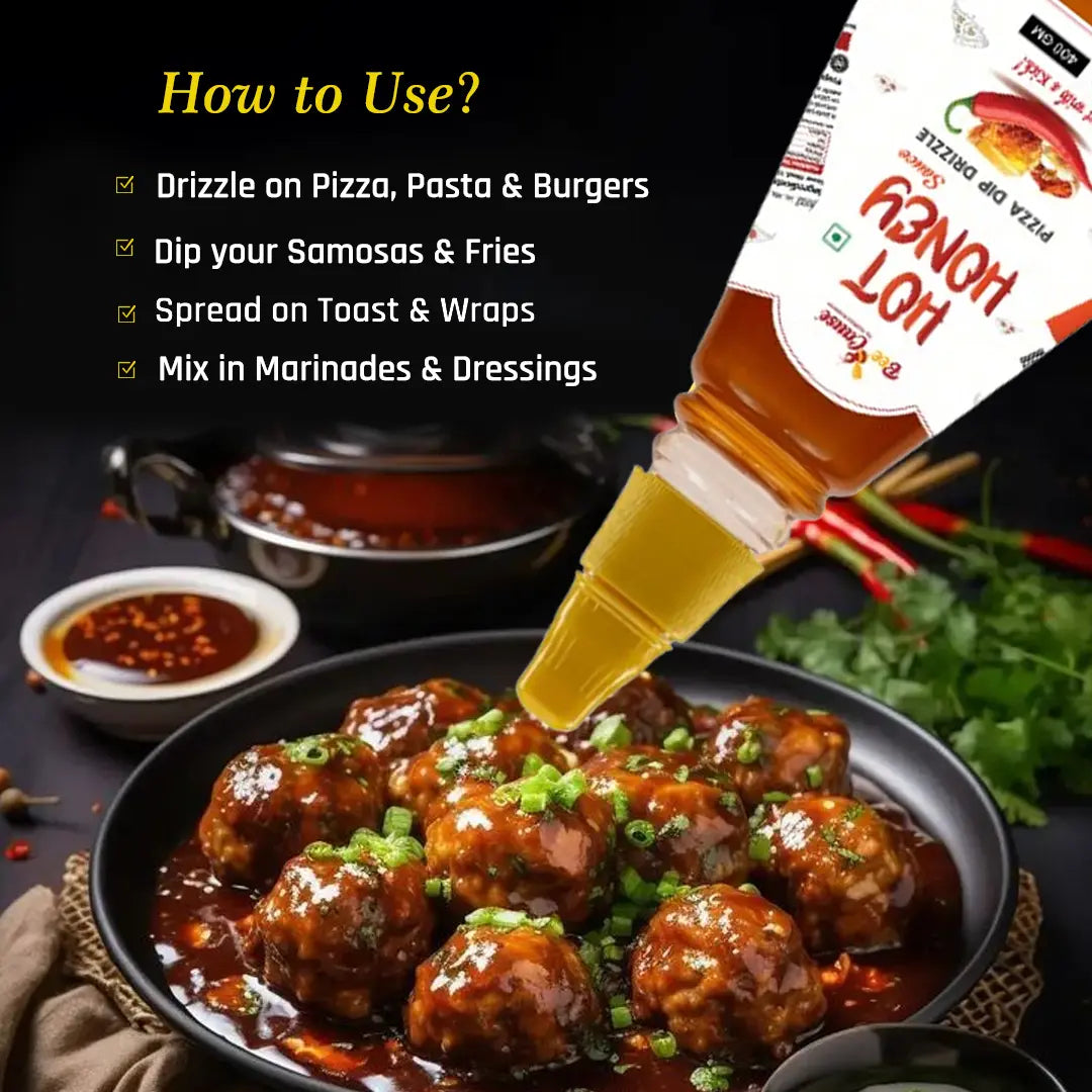 A step-by-step cooking guide titled "HOW TO USE" featuring Bee Cause Hot Honey Sauce. It outlines four simple steps—Cook, Add, Toss, and Glaze—accompanied by visuals of the sauce bottle, a wooden honey dipper, and two rustic skillets of freshly glazed food.