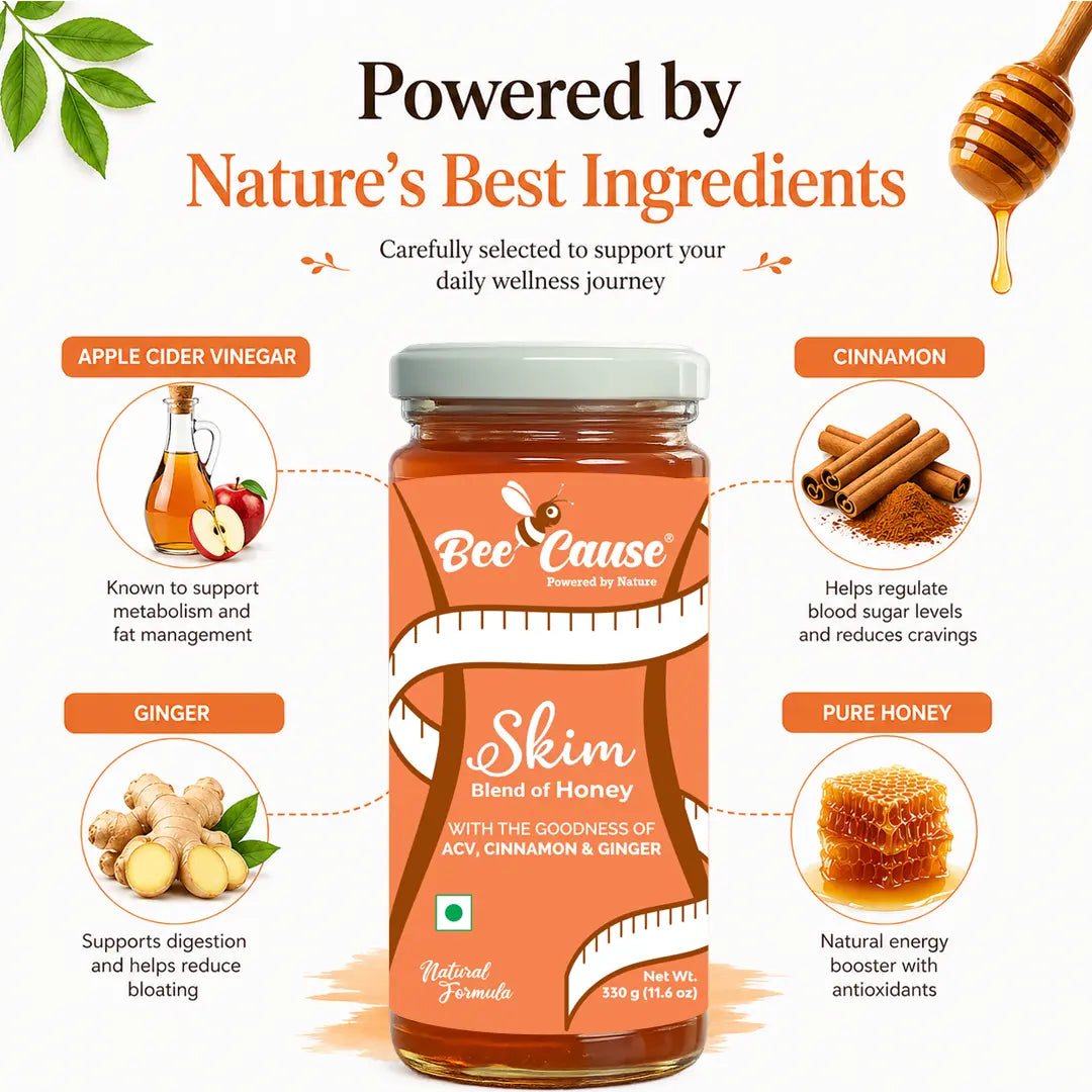 A jar of Bee Cause Skim Blend of Honey centered on a promotional infographic background. The image includes callout circles highlighting ingredients such as apple cider vinegar, cinnamon, ginger, and pure honey, with text describing their benefits.