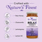 Bee Cause Relax Honey jar with ingredients listed on a purple background