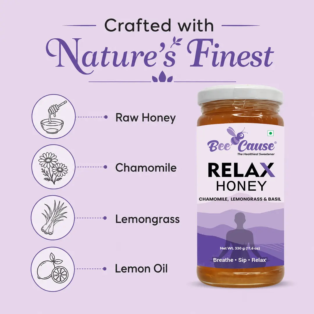 Bee Cause Relax Honey jar with ingredients listed on a purple background