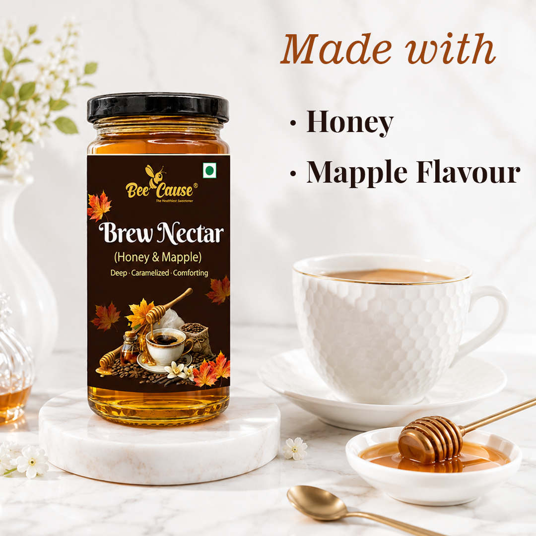 BeeCause Brew Nectar is a maple syrup alternative made with honey and maple flavour, served with a warm cup of coffee