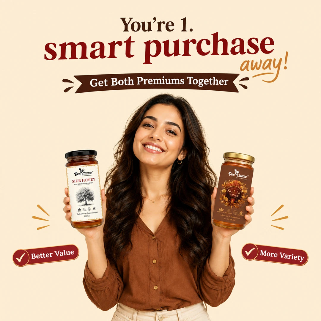 A smiling woman holds two jars of honey, one labeled 'Nour Honey' and the other showing a premium variety, against a warm beige background with promotional text reading 'You're 1. smart purchase away!' and badges for 'Better Value' and 'More Variety.