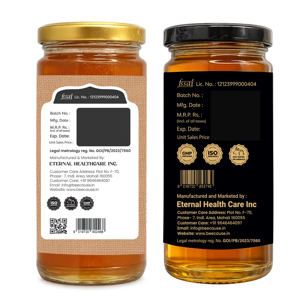 Two amber glass jars of honey shown side by side on a white background, one displaying the gold-colored front label and the other showing the black back label with text details.