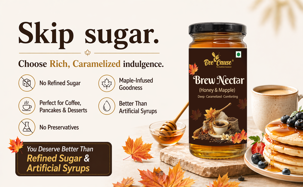 A jar of Bee Cause Brew Nectar (Honey & Mapple) syrup displayed on a rustic wooden board next to a cup of coffee and pancakes, with promotional text on a beige background.