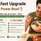 A lifestyle infographic for 'The Power Bowl' breakfast recipe by Brew Nectar, featuring a man eating a bowl of prepared breakfast. The graphic outlines the ingredients (yoghurt, chia pudding, oats, berries, banana, nuts and seeds) and a step-by-step guide on how to make the drizzled brew nectar, with a jar of brew nectar visible on the table.