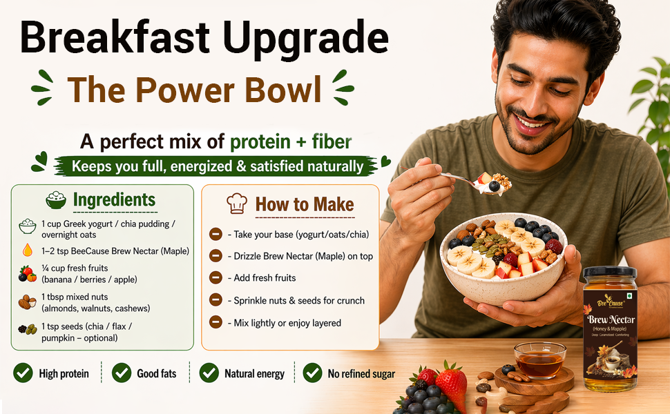 A lifestyle infographic for 'The Power Bowl' breakfast recipe by Brew Nectar, featuring a man eating a bowl of prepared breakfast. The graphic outlines the ingredients (yoghurt, chia pudding, oats, berries, banana, nuts and seeds) and a step-by-step guide on how to make the drizzled brew nectar, with a jar of brew nectar visible on the table.