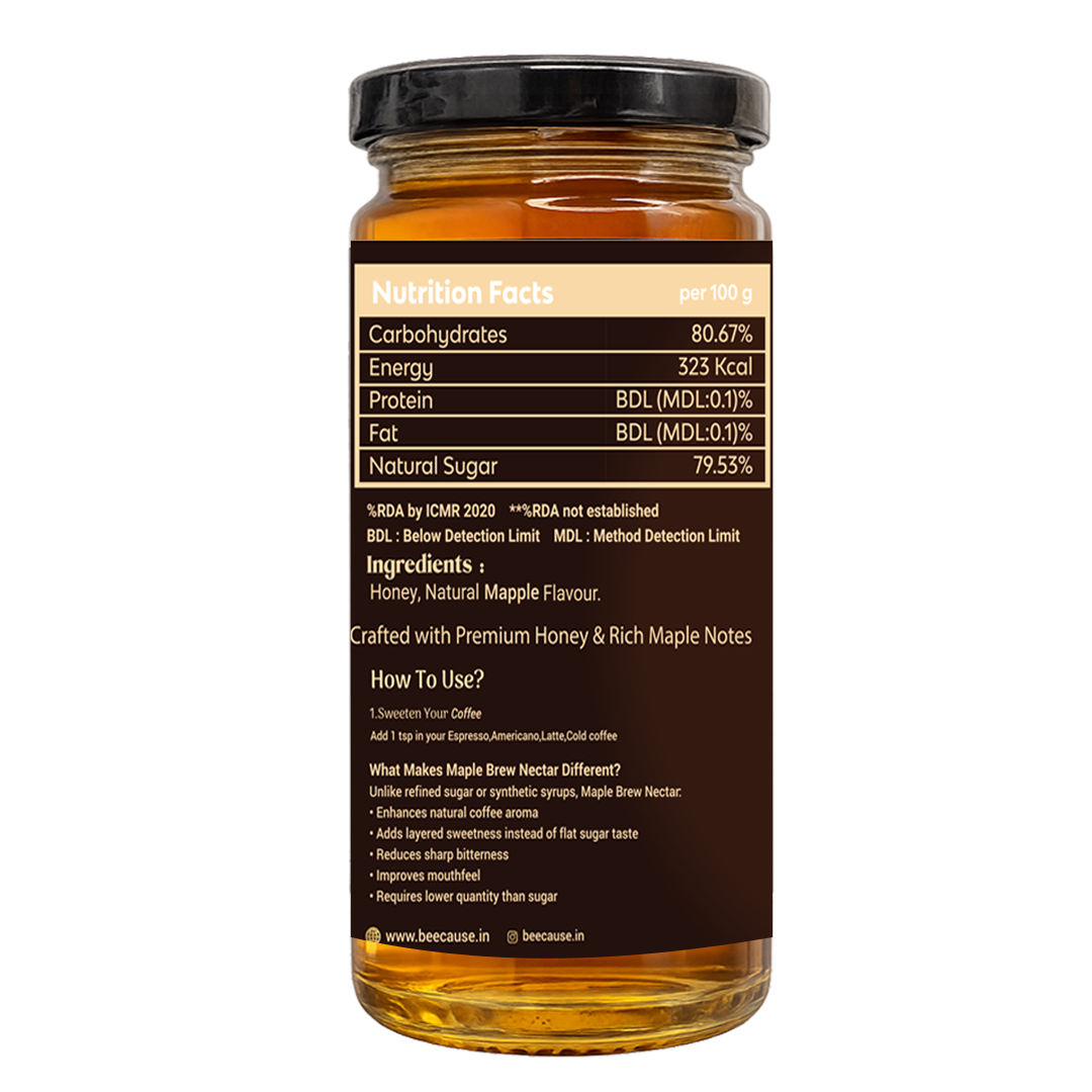 BeeCause Brew Nectar maple syrup alternative with honey and natural maple flavour, showing nutrition facts and ingredients