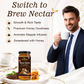 A man in a navy suit and striped tie holds a white coffee mug beside a jar of Brew Nectar honey-infused coffee on a white table. The image includes marketing text highlighting smooth rich taste, premium honey goodness, aromatic maple infusion, and sweetness with honey.