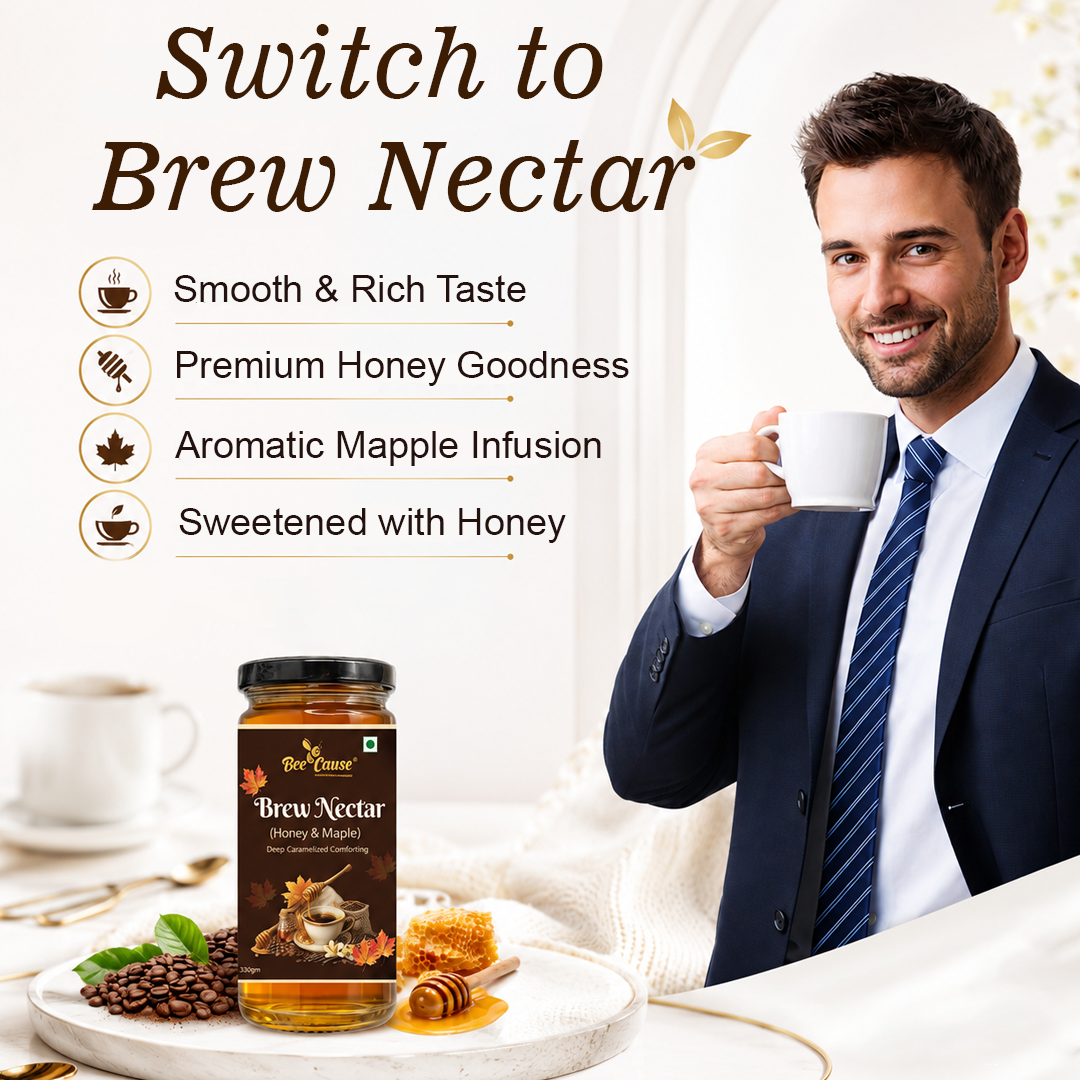 A man in a navy suit and striped tie holds a white coffee mug beside a jar of Brew Nectar honey-infused coffee on a white table. The image includes marketing text highlighting smooth rich taste, premium honey goodness, aromatic maple infusion, and sweetness with honey.