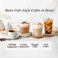 Four cafe-style coffee drinks arranged on a marble surface with decorative flowers and coffee beans. Text at the top reads 'Make Cafe-Style Coffee at Home,' and labels at the bottom identify the drinks as Strong Espresso, Creamy Cappuccino, Mapple Latte, and Iced Coffee.