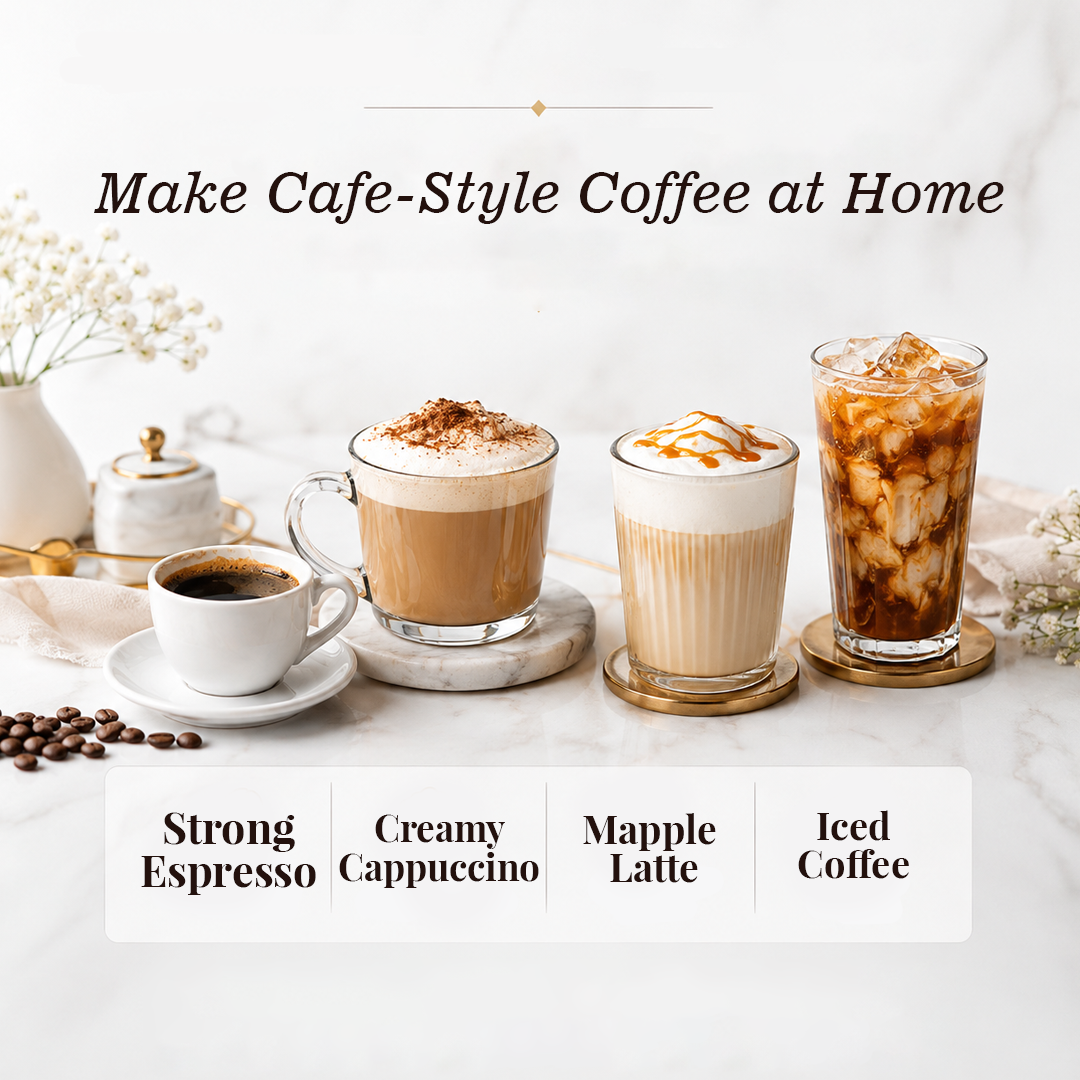 Four cafe-style coffee drinks arranged on a marble surface with decorative flowers and coffee beans. Text at the top reads 'Make Cafe-Style Coffee at Home,' and labels at the bottom identify the drinks as Strong Espresso, Creamy Cappuccino, Mapple Latte, and Iced Coffee.