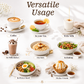 A styled infographic titled 'Versatile Usage' showing multiple food and beverage scenes with a small wooden skewer inserted, including coffee, tea, milk, milkshakes, oats, salads, power bowls, and ice cream, each labeled with a use case on a white background.
