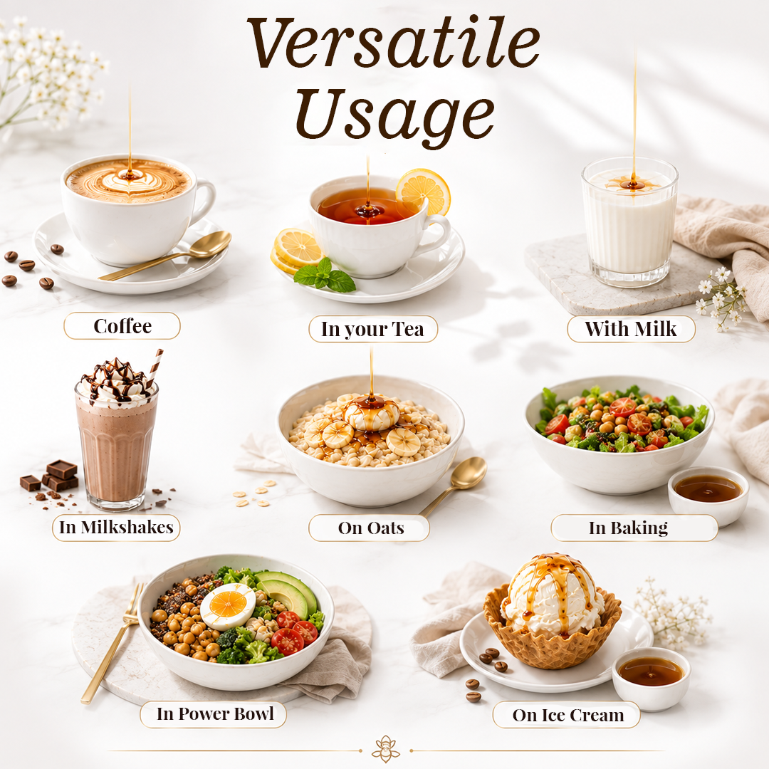 A styled infographic titled 'Versatile Usage' showing multiple food and beverage scenes with a small wooden skewer inserted, including coffee, tea, milk, milkshakes, oats, salads, power bowls, and ice cream, each labeled with a use case on a white background.