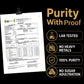 Lab test report with purity certification on a black background