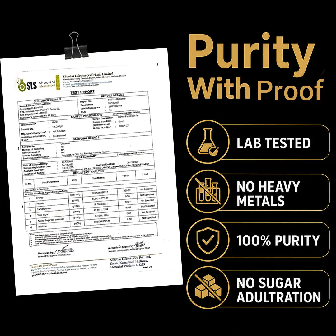 Lab test report with purity certification on a black background