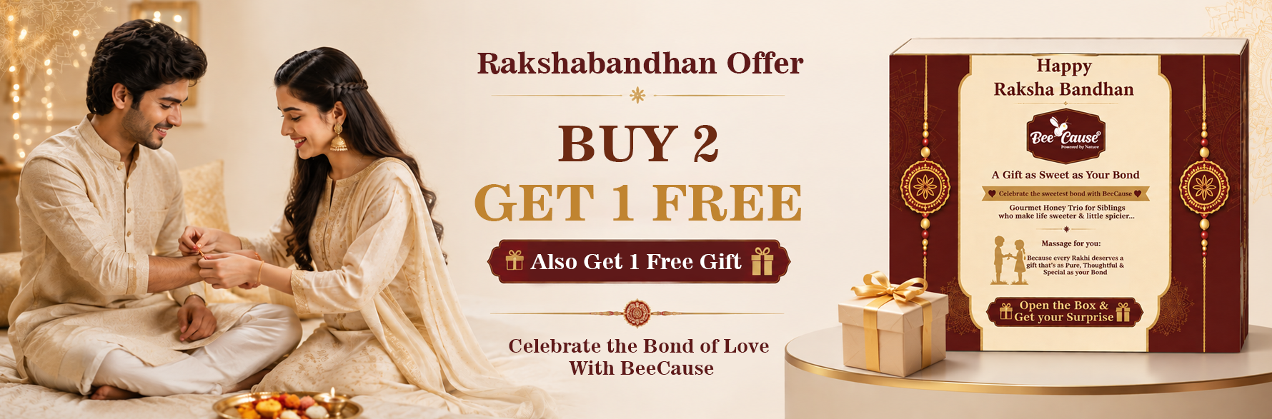 Promotional banner for Raksha Bandhan featuring a couple in traditional Indian attire, a boxed gift package labeled 'Happy Raksha Bandhan' with 'Rameswaram' branding, and text offering a 'Rakshabandhan Offer: Buy 2 Get 1 Free.'