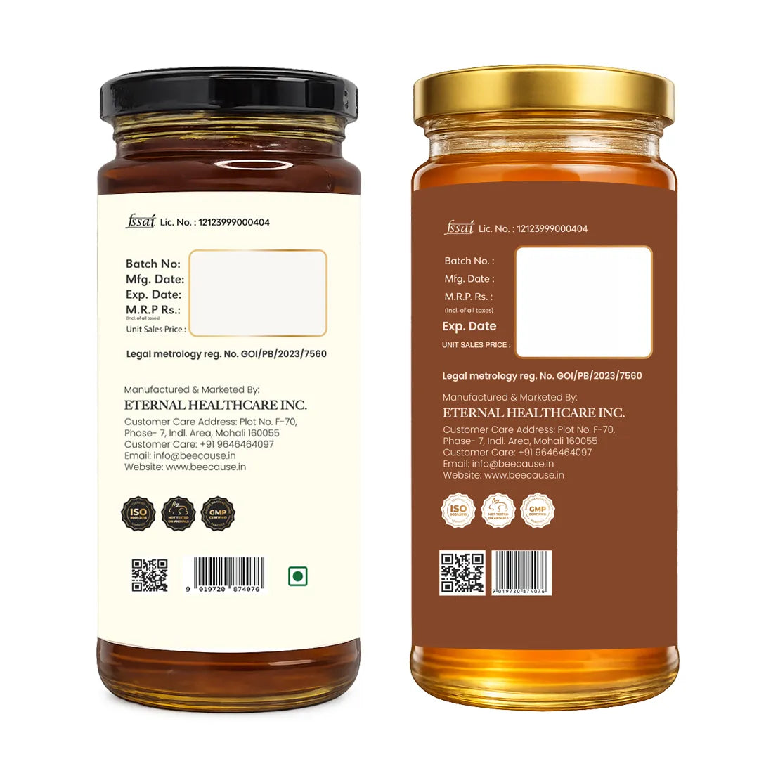 Two amber glass supplement bottles shown side by side, displaying the back labels of a product. The left bottle has a black lid and a cream label, while the right bottle has a gold lid and a brown label.