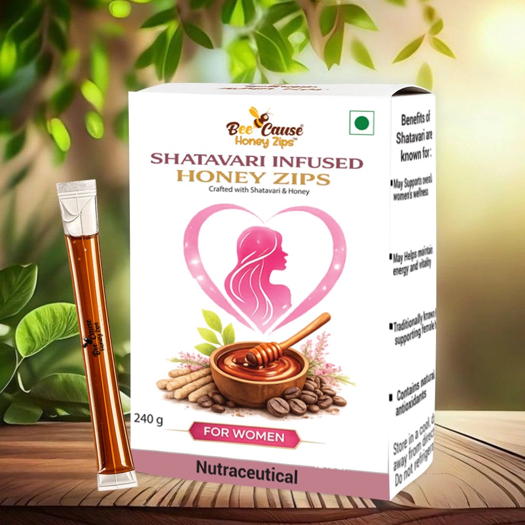 Box of Shatavari Infused Honey Zips with a honey stick on a natural background
