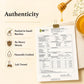 An authenticity graphic for a honey product on a warm beige background. The image features a honey dipper dripping honey, a small glass jar of honey, and a printed test report clipped at the top.