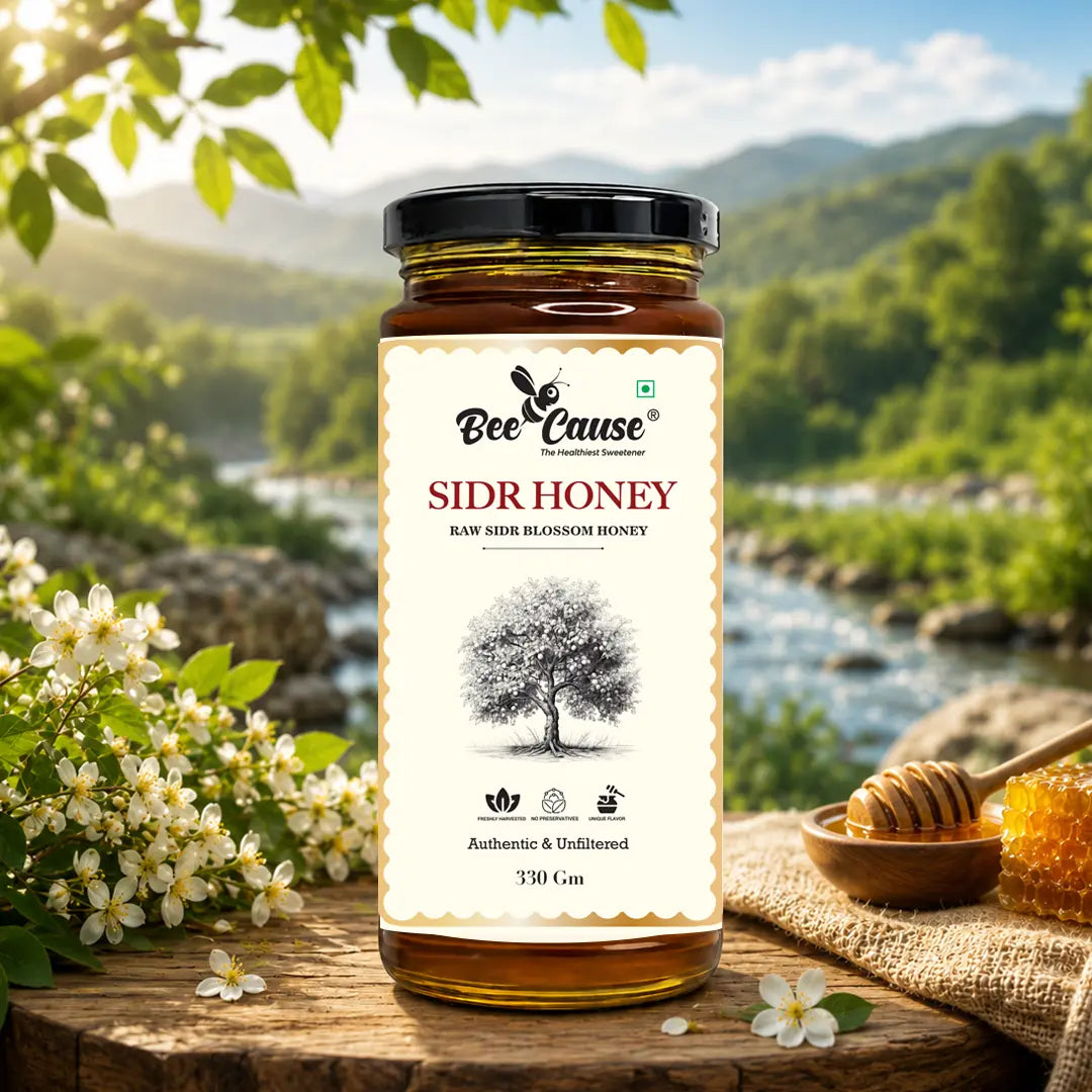 Bee Cause Sidr Honey jar with a scenic background of a river and mountains.