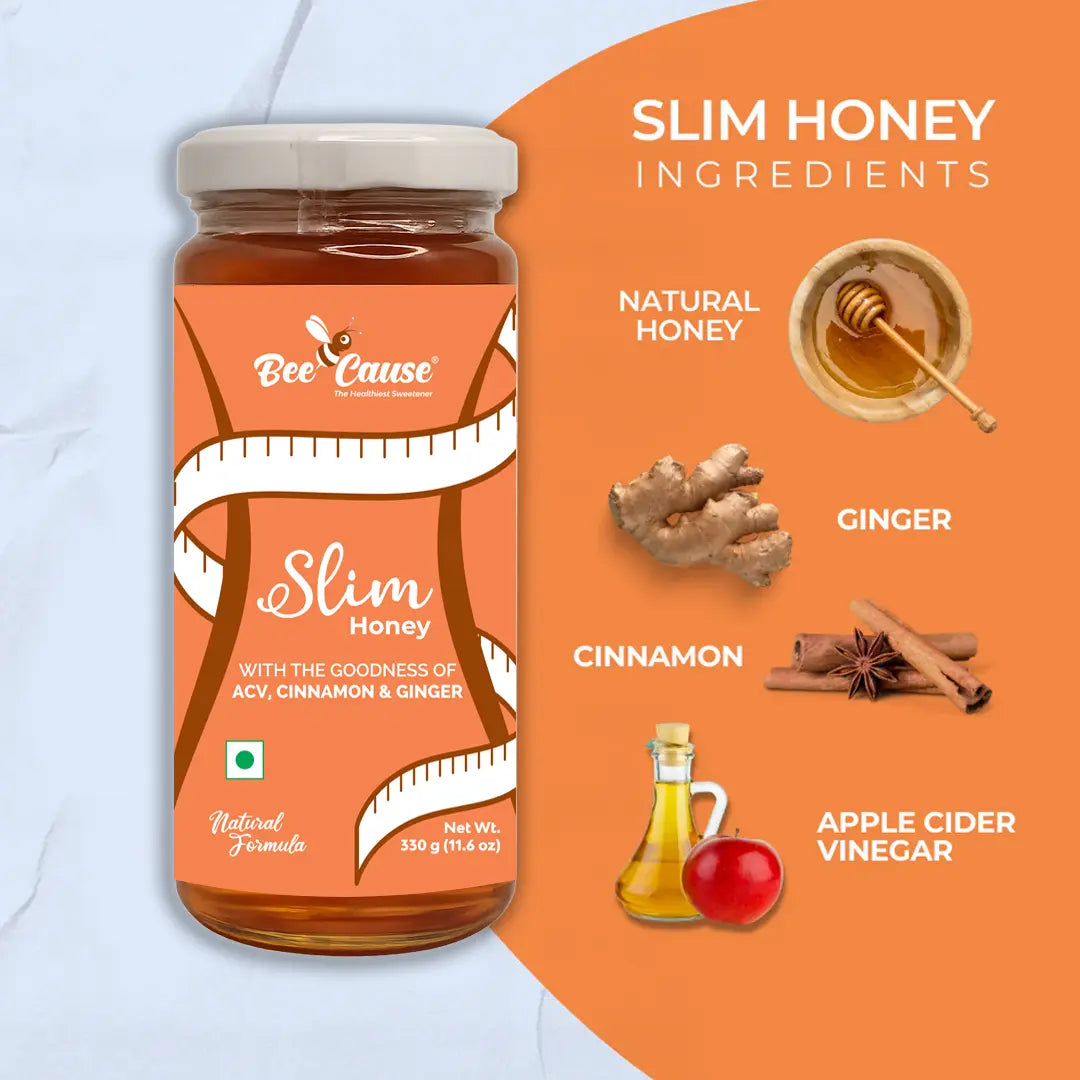 A visual ingredient breakdown for Slim Honey. It features a jar of the honey alongside images of its individual natural ingredients: a bowl of natural honey with a dipper, raw ginger root, cinnamon sticks, and a bottle of apple cider vinegar with an apple.