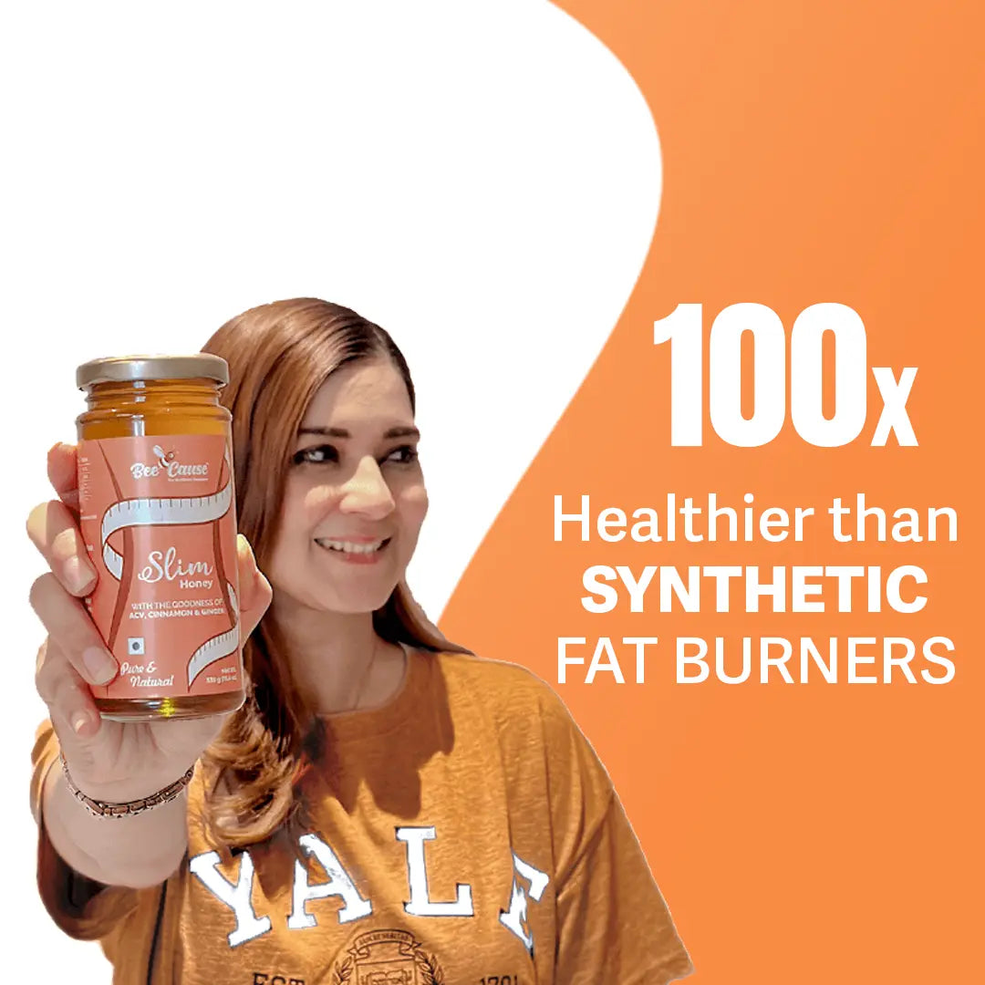 A smiling woman casually holding up a jar of Bee Cause Slim Honey. Bold text to the right on an orange and white background reads, "100x Healthier than SYNTHETIC FAT BURNERS".