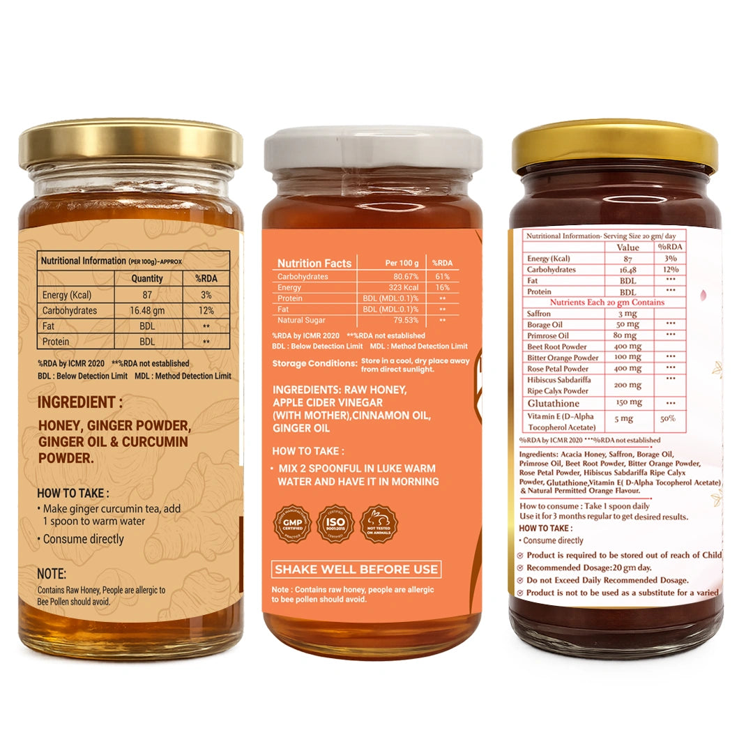 Three supplement bottles shown side by side on a plain white background, displaying the front, back, and side labels of a honey, apple cider vinegar, and curcumin powder blend.