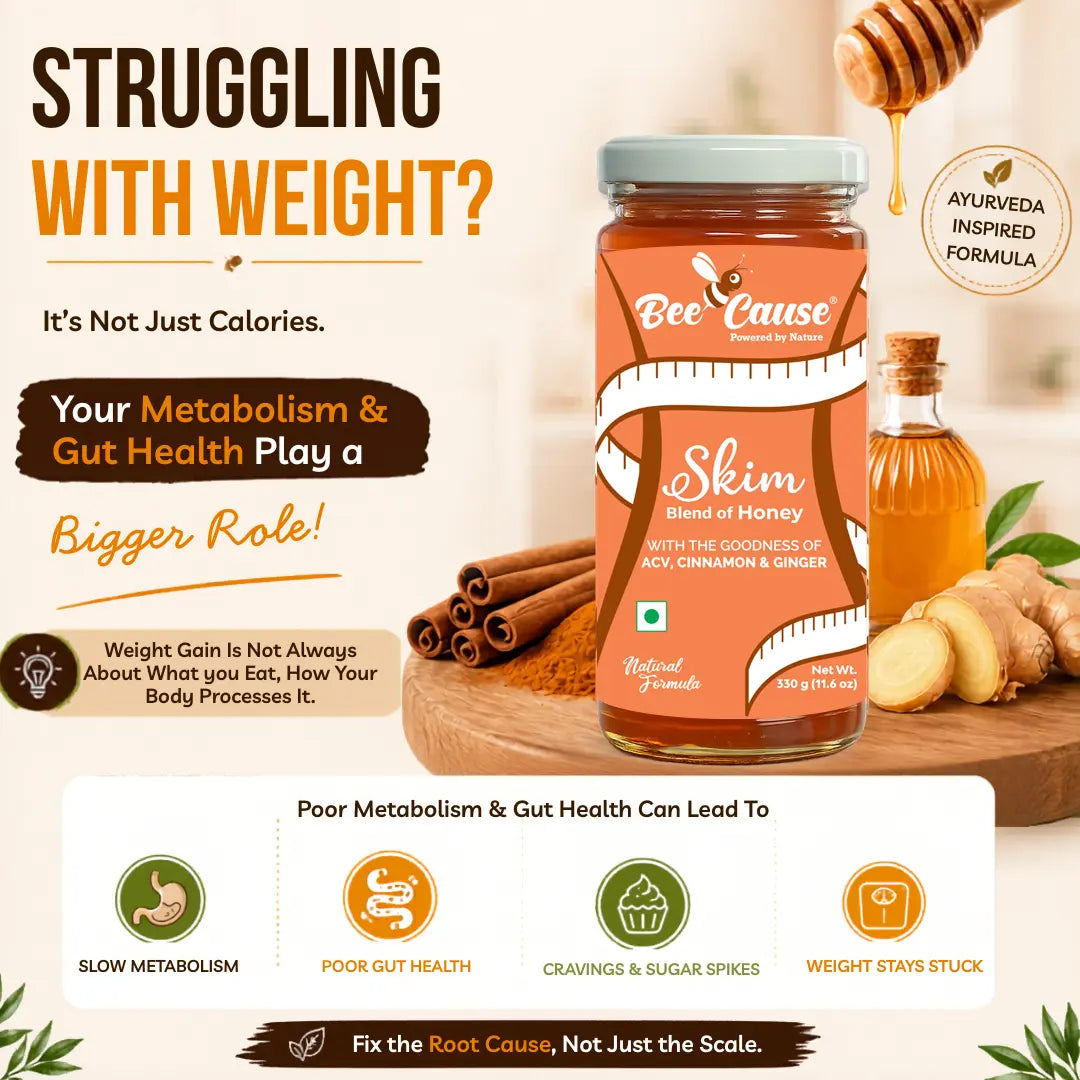 A promotional product graphic for Bee Cause Skim Blend of Honey, featuring a jar of orange-colored honey on a wooden board with cinnamon sticks and ginger, alongside a honey dipper and text overlays about metabolism and gut health.