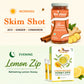 A promotional collage showing two honey products on a light cream background: a jar labeled Bee Cause Skim Shot with orange text and ginger illustrations, and a boxed product labeled Bee Cause Lemon Zip with lemon slices and green leaves. Text at top left reads MORNING Skim Shot and ACV • GINGER • CINNAMON, while text at bottom left reads EVENING Lemon Zip and Refreshing Lemon Honey.